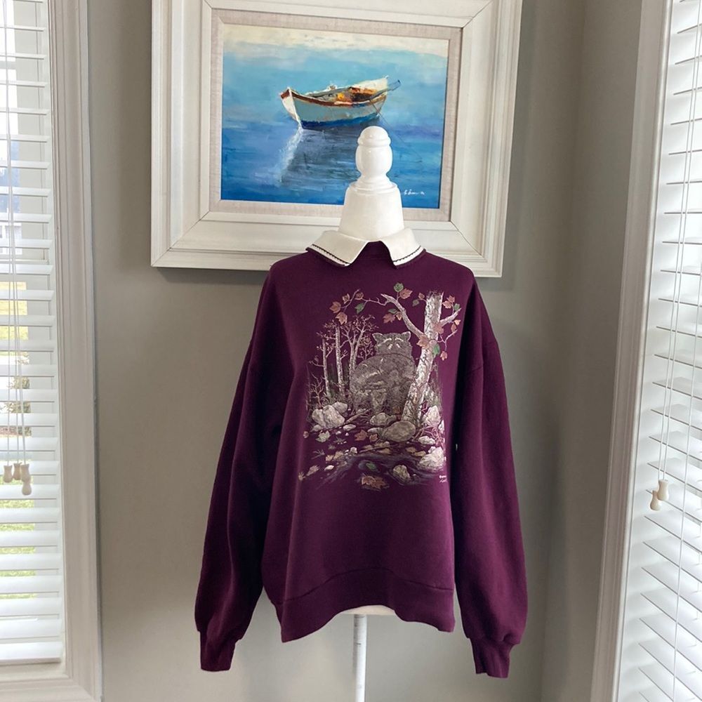 Vintage 90s 80s Morning Sun Purple Racoon Forest Collared Sweatshirt Large